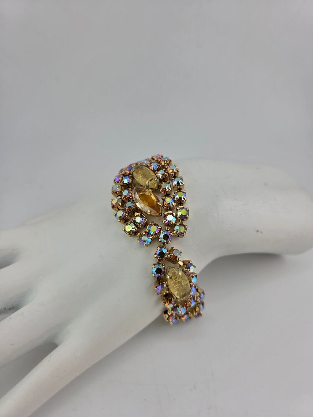 Vintage AB Rhinestone Bracelet Gold Tone Marquise Prong Set Statement 7.5"